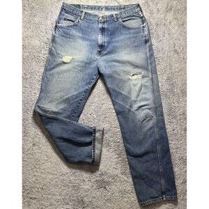 VTG‎ Wrangler Jeans 35x32 Distressed Patch Faded Whiskered Grunge Workwear Denim